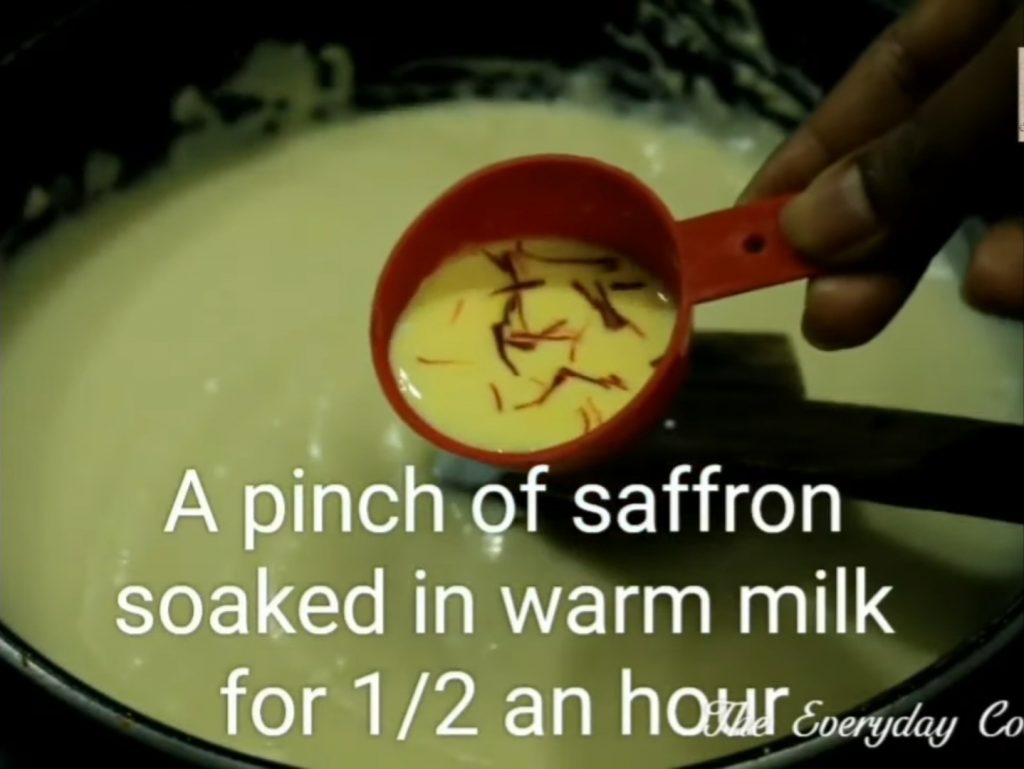 Adding saffron milk to almond paste
